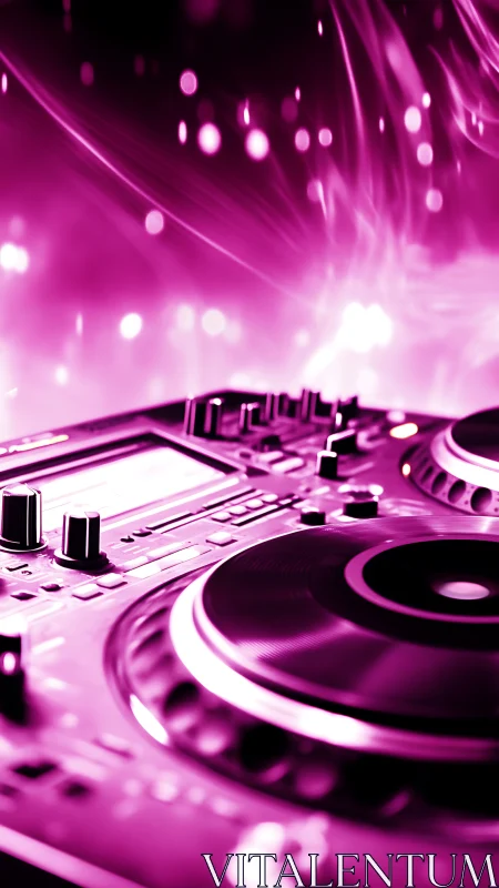 Neon magenta DJ deck with dynamic light-trail bokeh focus.