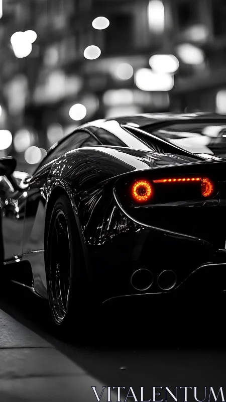 Black sports car rear view in night city street scene.
