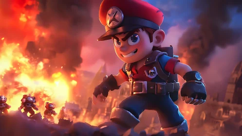 Cartoon commander in high-intensity cinematic battlefield blaze.