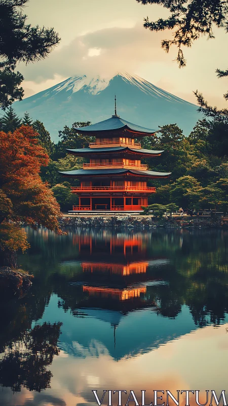 Digital painting of pagoda reflection with alpine backdrop.