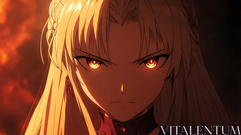 Intense anime woman with glowing fiery eyes in close-up