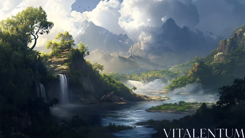 Cloud kingdoms drift above waterfalls stitched by light