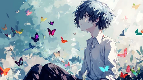 Melancholic anime boy amid dynamically lit, spectral butterflies