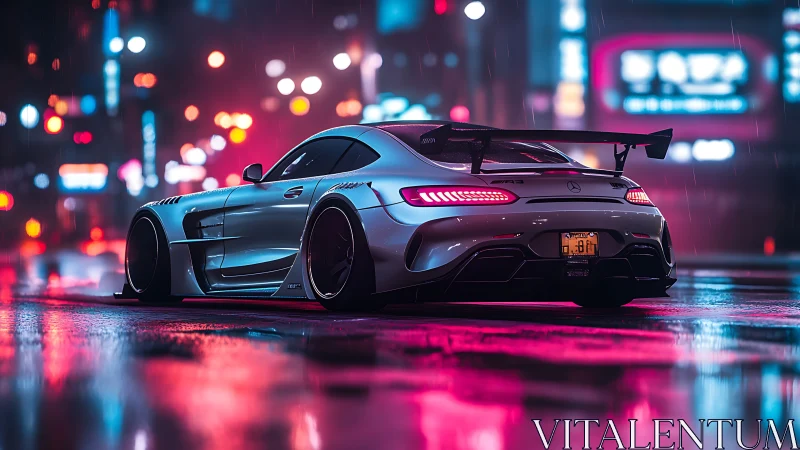 Silver GT sports car under neon rain in cyberpunk city street.
