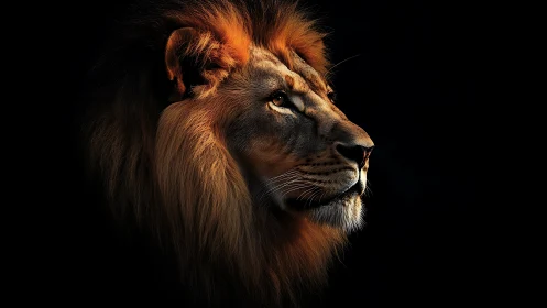Regal male lion portrait glows against deep black backdrop.