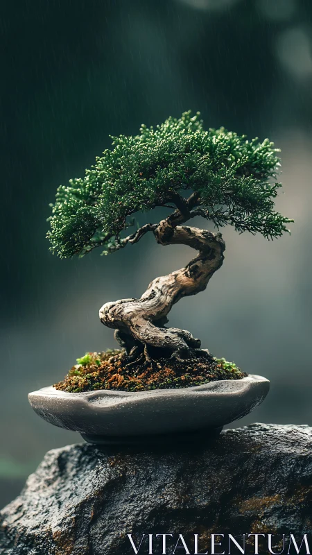 Bonsai tree in shallow pot is photographed under rainfall