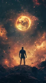 Lone starfarer confronting a newborn fire planet in duskspace.