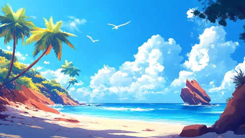 Tropical Paradise Beach with Soaring Seabirds and Vibrant Cliffs