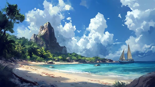 Tropical Island Paradise with Sailboat in Turquoise Waters