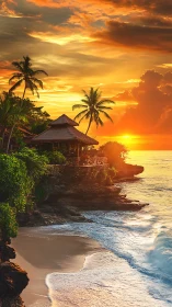 Tropical cliffside hut above calm beach at vivid sunset.