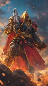 Armored knight with sword standing over burning battlefield.