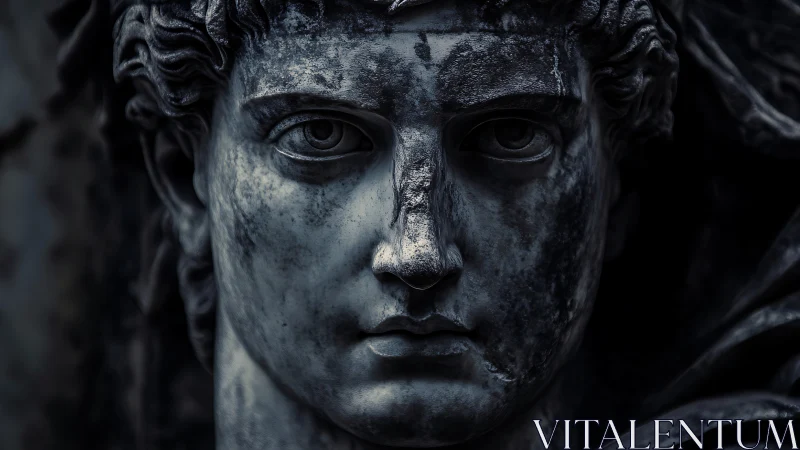 Weathered stone portrait shows high-relief classical facial symmetry