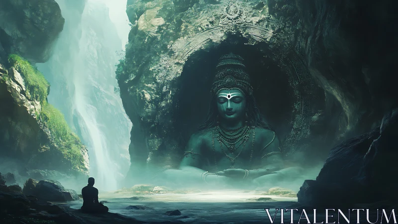 Monumental cave deity and meditating figure in mist-laden gorge