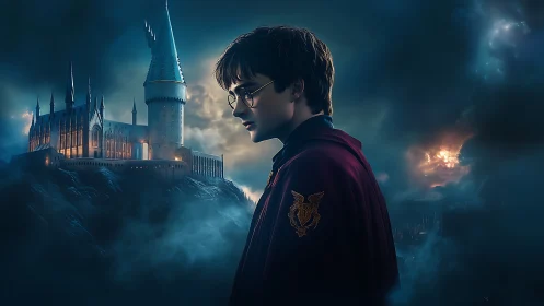 Quiet young wizard gazes over a misty, magical castle night