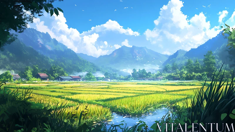 Luminous mountain rice terraces under expansive summer sky.