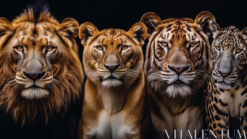 Four large felines arranged in frontal composition against black background.