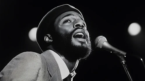 Soul singer performing under dramatic stage spotlight.