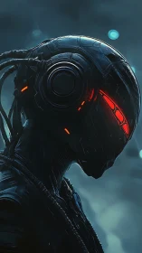 Cybernetic humanoid silhouette with red visor and neural cabling
