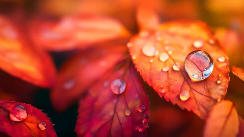 Macro examination of autumn leaf surfaces with refractive droplets.