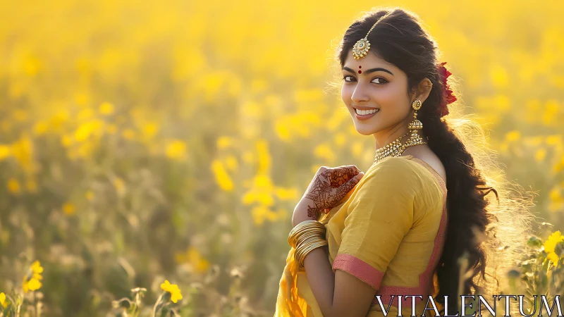 Smiling woman in traditional attire in yellow flower field, vibrant style.