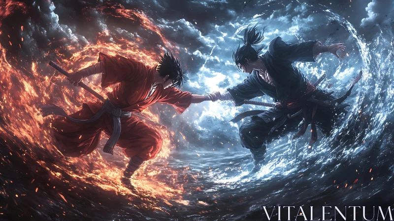 Dueling samurai of fire and stormy water collide midair.