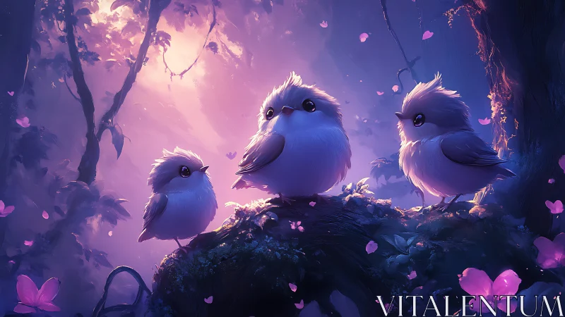 Three Fluffy Birds in Enchanted Forest, Dreamy Fantasy Art.