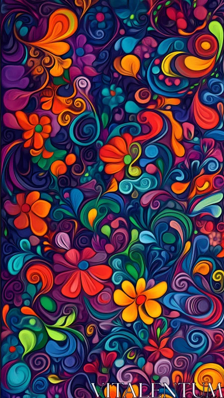 Vibrant abstract floral pattern in swirling vivid colors.