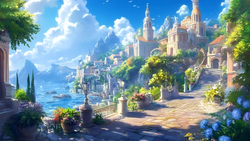 Sunlit coastal terrace overlooks neoclassical cliffside cityscape