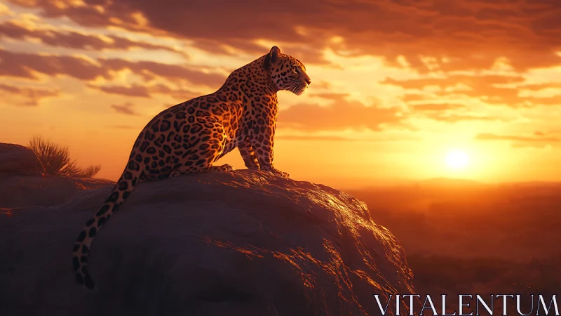 Leopard silhouette against golden sunset sky. Solitude.