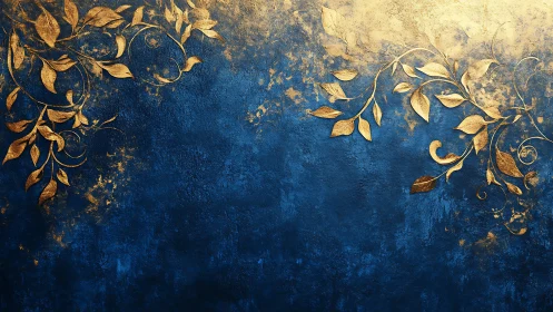 Golden botanical flourishes over deep textured blue field.