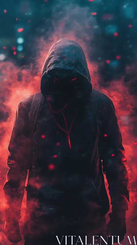 Hooded figure stands in red smoke with glowing eyes