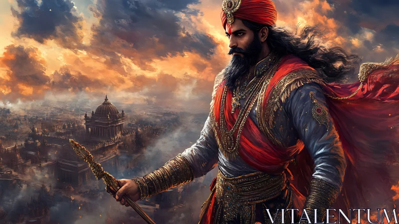 Regal warrior surveys burning ancient city at stormy dusk