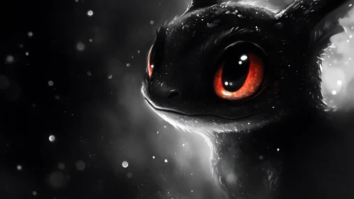 Black dragon close-up with glowing red eyes in mist.
