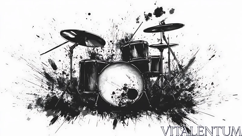 Monochrome drum kit rendered with dynamic ink-splash abstraction