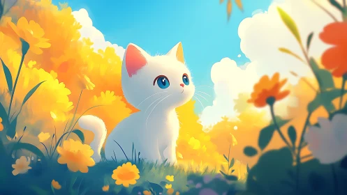 White Cat Among Sunlit Yellow Flowers Garden