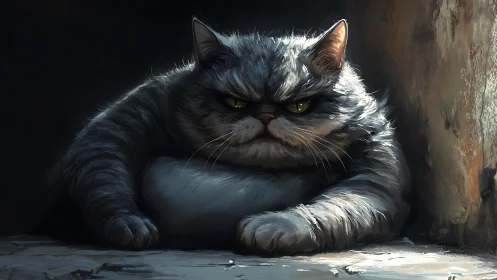 Digital painting of grumpy cat in dramatic chiaroscuro light.