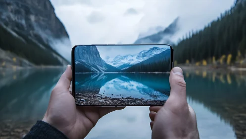 Smartphone frames alpine lake reflection within misty valley