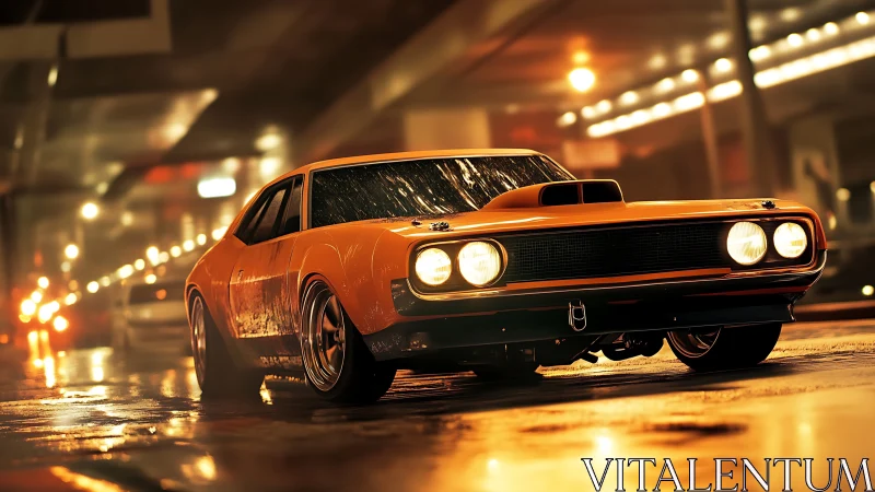 Midnight muscle car prowls through neon-soaked city rain.
