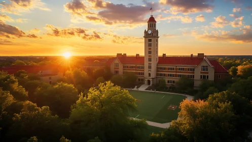 Sunlit campus clock tower rising over emerald athletic quad.