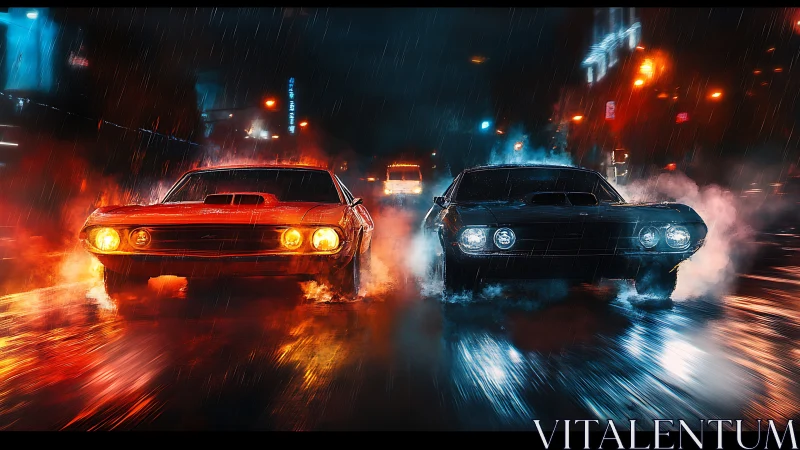 Midnight muscle duel roaring through neon rainstorm streets.