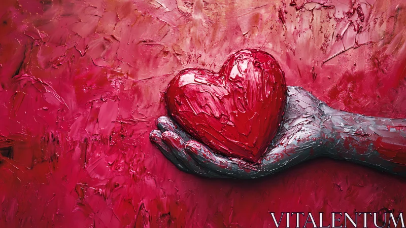 Impasto Red Heart in Weathered Hands Oil Painting.
