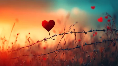 Red heart shapes on barbed wire in sunset field landscape