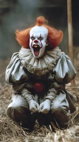 Scary clown crouching and screaming in a desolate field.