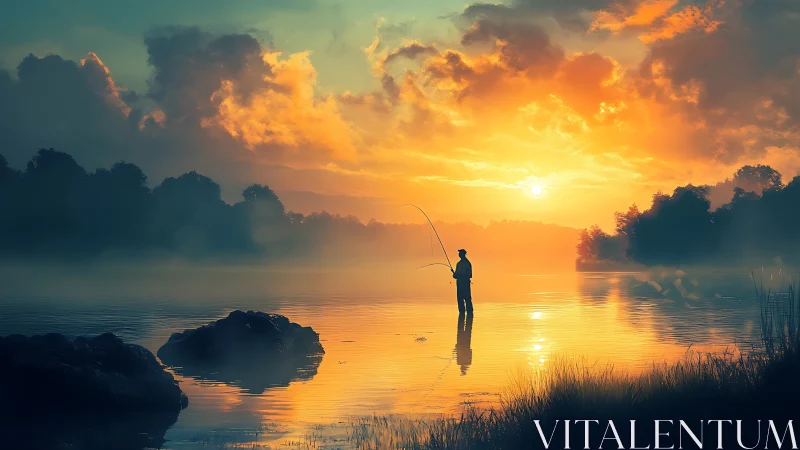 Lone fisherman stands in glowing misty lake at sunrise