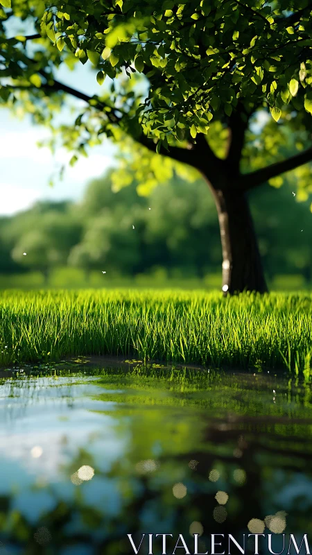 Sunlit tree by a quiet pond inviting a slow, peaceful pause.