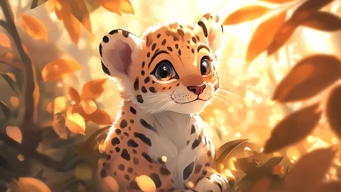 Young Leopard Cub Surrounded by Golden Autumn Light.
