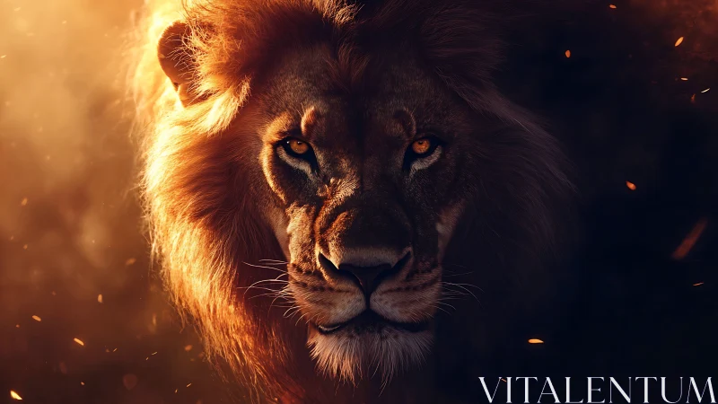 Golden eyed lion emerging from ember lit shadows.