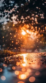 Backlit raindrops over reflective puddle at golden hour