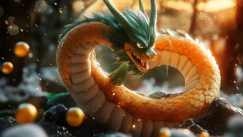 Golden dragon coils among glowing orbs in soft forest light.