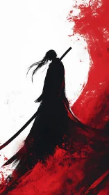 Ink-silhouetted samurai against dynamic red brush surge.